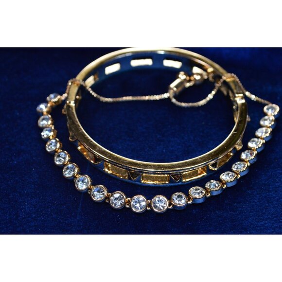 Gold Tone Star Studded Bangle & Rhinestone Tennis Bracelet Adjustable Premier - Picture 1 of 11